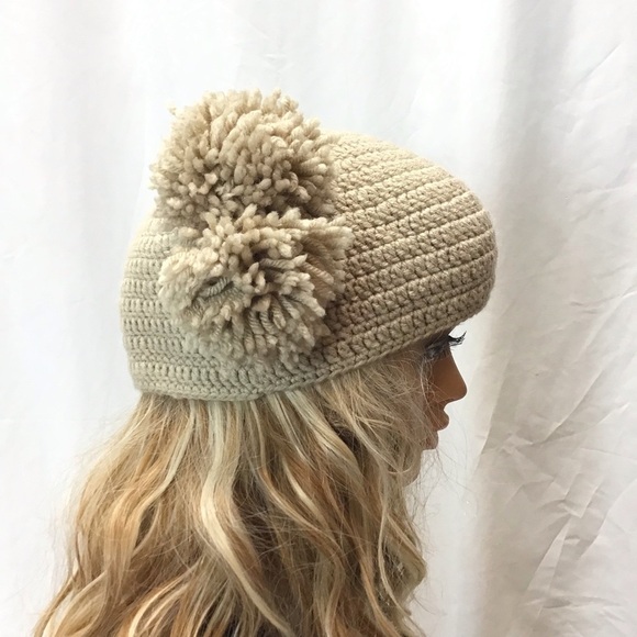 Vintage Hand Made Boho Tan Crochet Tassel Ball Winter Hat Beanie One Size - Picture 4 of 10